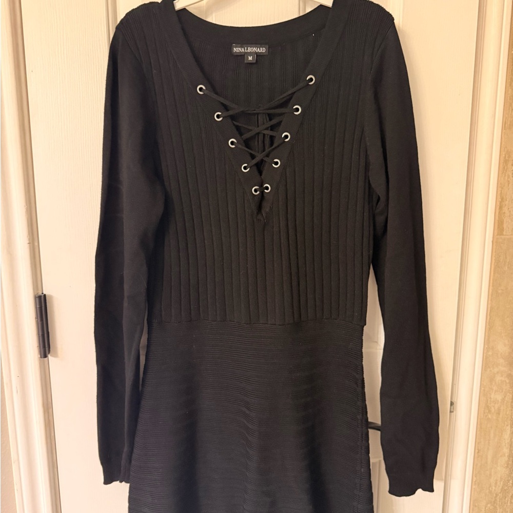 Nina Leonard Black Ribbed Tie Front Long Sleeve Dress, never worn